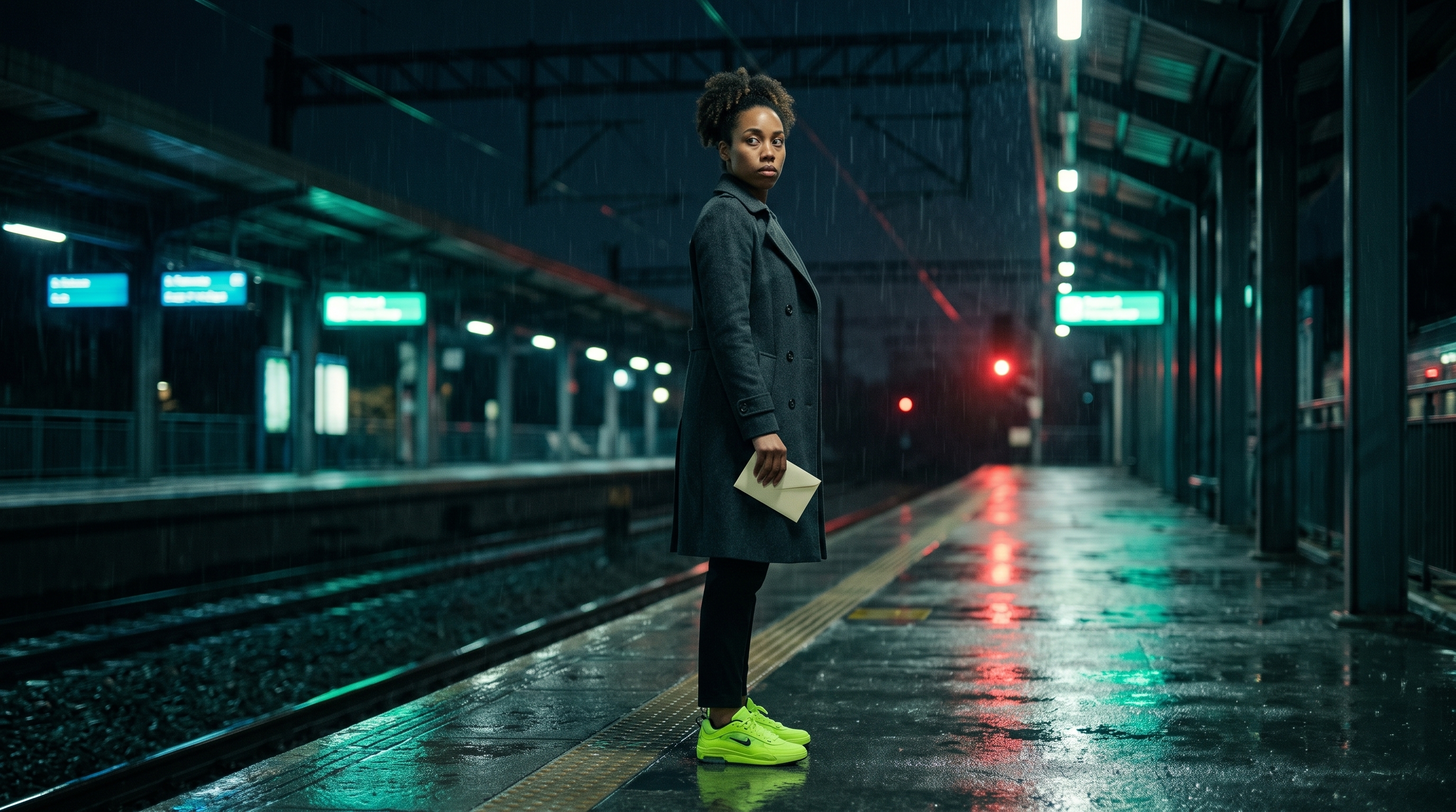 A courier in a charcoal coat and bright lime sneakers holds an envelope on a rainy station platform.