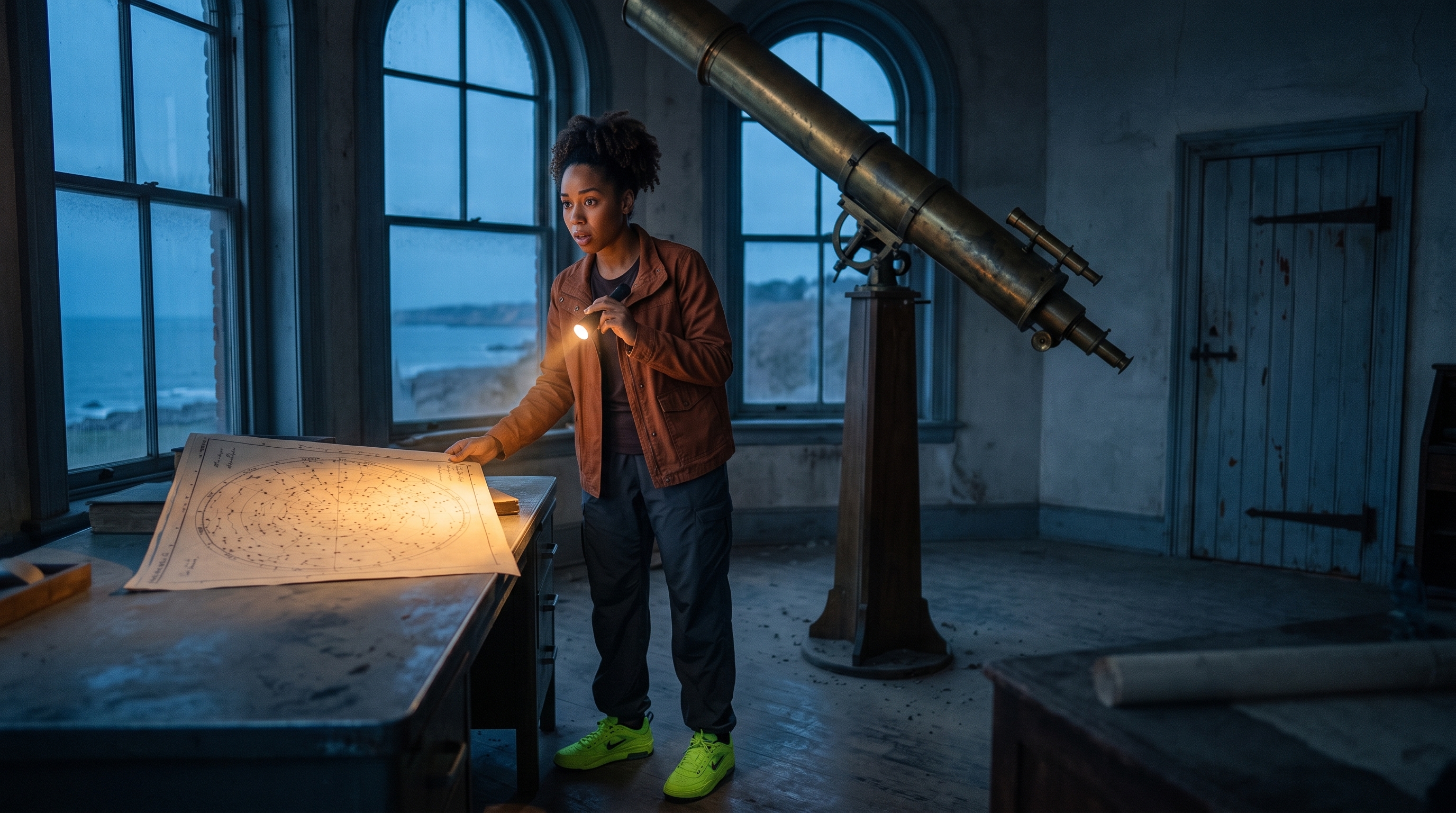 Nia holds a flashlight over a star chart in a coastal observatory.