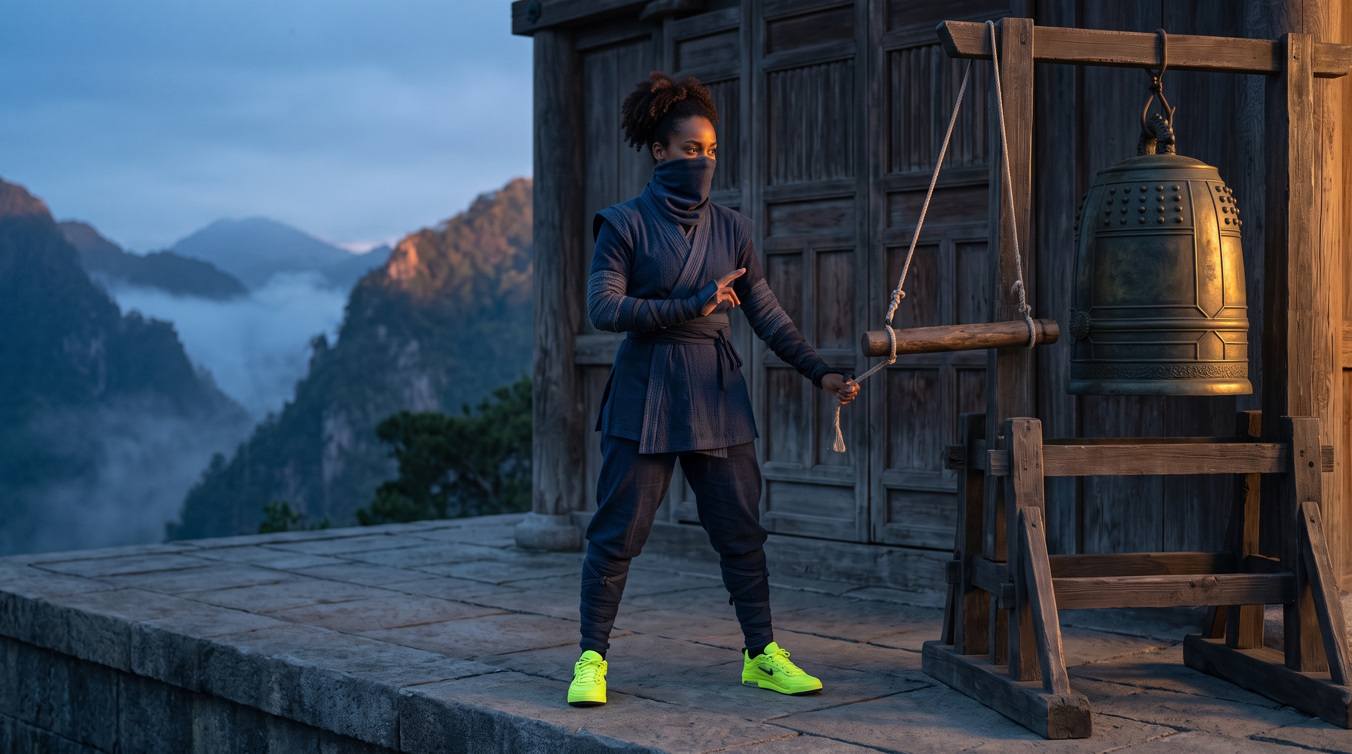 An indigo-clad warrior in bright lime sneakers pauses beside a temple warning bell.