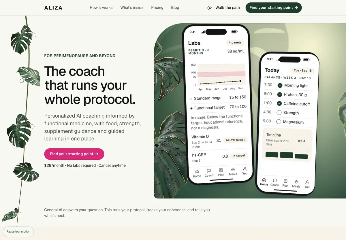 The Aliza homepage: headline 'The coach that runs your whole protocol', a pink call-to-action button and two phone screens from the member app.