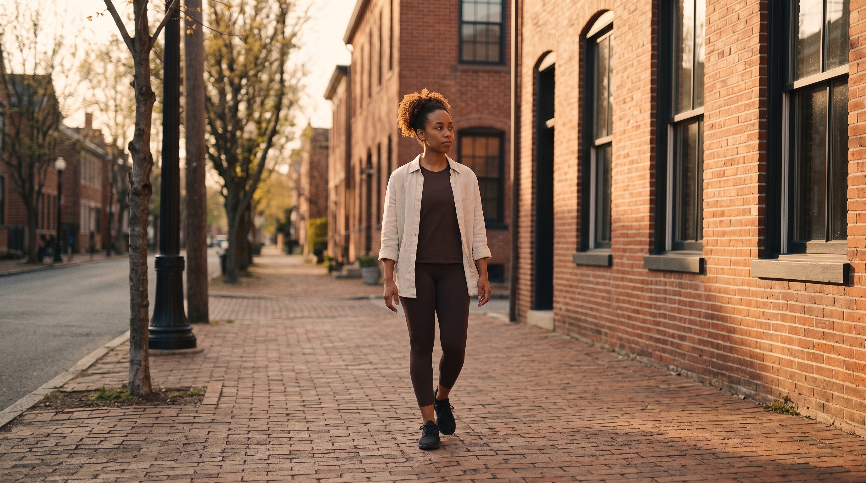 Nia walking toward a neighborhood studio.